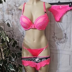 Victoria's Secret 1 Pink Lace Push-Up 38C Bra And 3 Large Panties